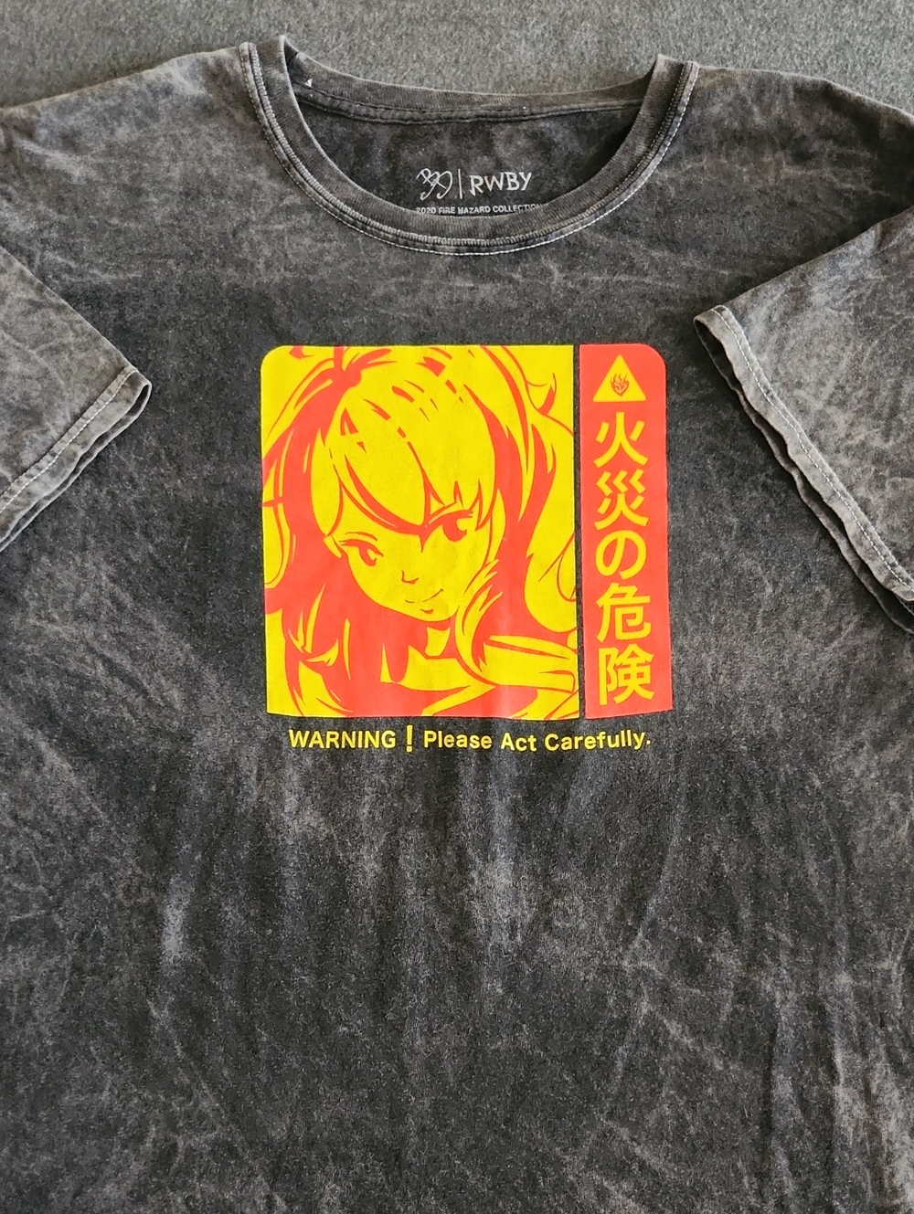 Official RWBY Yang Xiao Long Fire Hazard Graphic Tee Anime Mens Sze XL Acid Wash